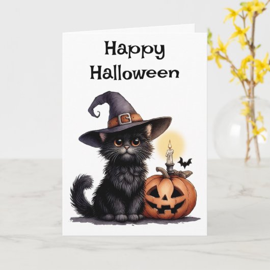 Halloween kat in een heks Pet Kaart (Gele Bloem)