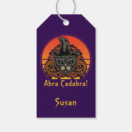 Halloween kat in heksenhoed Abra Cadabra vintage Cadeaulabel (Voorkant)