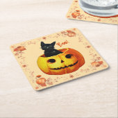 Halloween kat in pompoen kussen kartonnen onderzetters (Schuin)