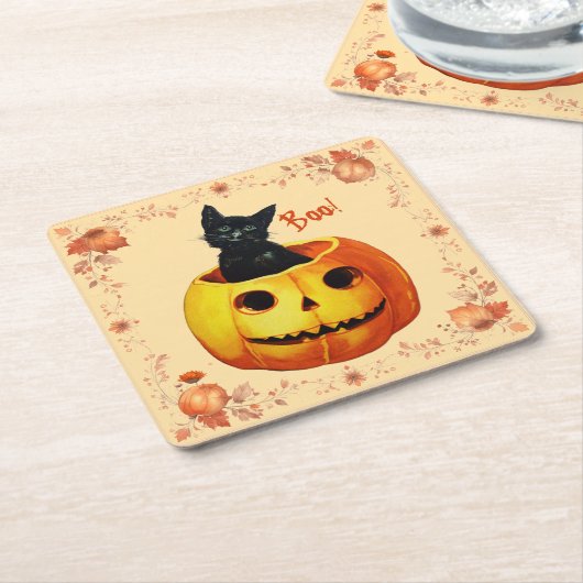 Halloween kat in pompoen kussen kartonnen onderzetters (Schuin)