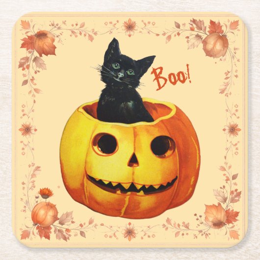 Halloween kat in pompoen kussen kartonnen onderzetters (Voorkant)