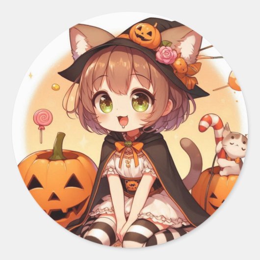 Halloween kat meisje ronde sticker (Voorkant)