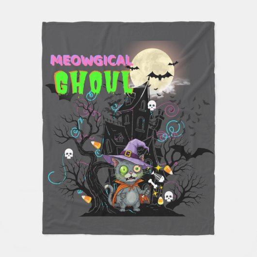 Halloween kat "Meowgical Ghoul" Witch Kitten Fleece Deken (Voorkant)