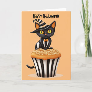 Halloween kat met een muffin  feestdagen kaart