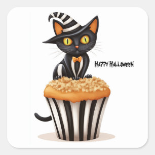 Halloween kat met een muffin vierkante sticker