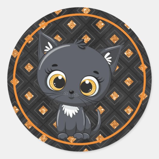 Halloween Kat met Oranje en zwart achteraan Ronde Sticker (Voorkant)