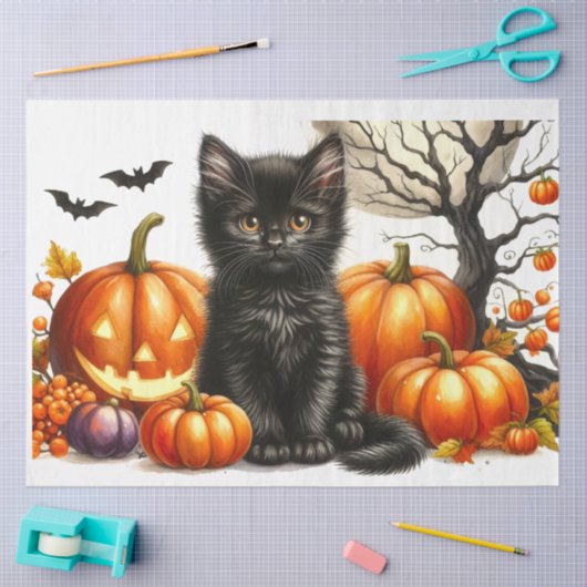 Halloween Kat met Pompoenen Decoupage Vloeipapier Tissuepapier (Craft)