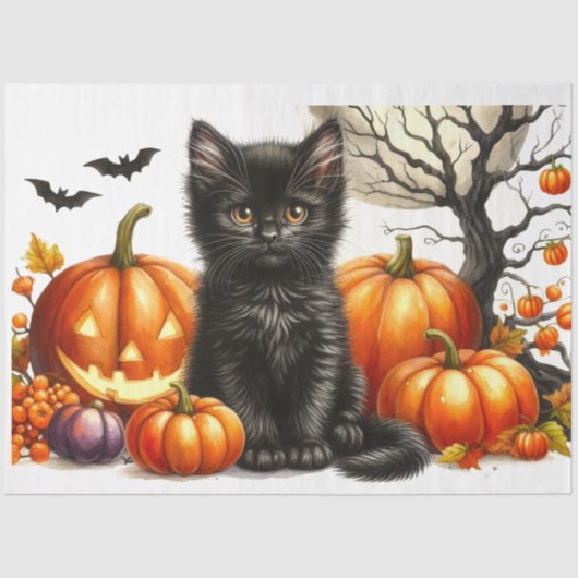 Halloween Kat met Pompoenen Decoupage Vloeipapier Tissuepapier (Voorkant)