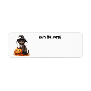 Halloween kat met pompoenen etiket