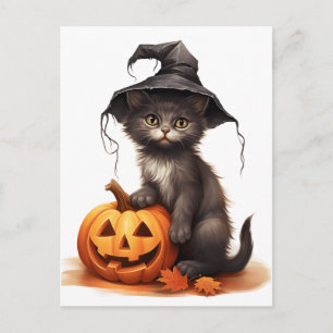 Halloween kat met pompoenen feestdagenkaart