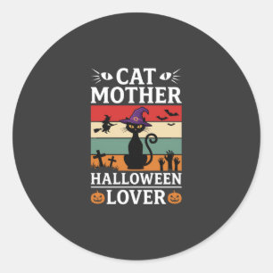 Halloween Kat Moeder Liefhebber Retro Heks Design Ronde Sticker