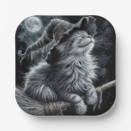 Halloween Kat Op Bezemsteel Papieren Bordje