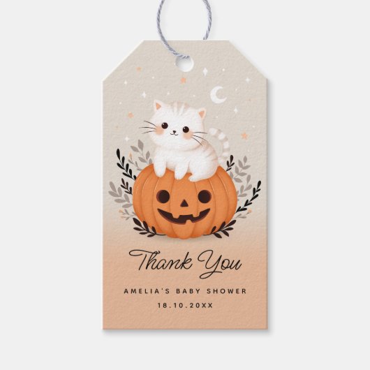 Halloween Kat Op Pompoen Baby Shower Cadeaulabel (Voorkant)