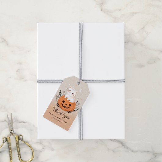 Halloween Kat Op Pompoen Cute Baby Shower Cadeaulabel (Met Touw)