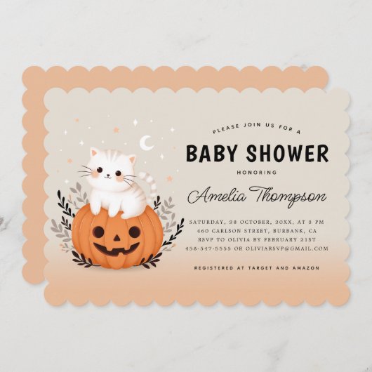 Halloween kat op pompoen Sinaasappel Baby shower Kaart (Voorkant / Achterkant)