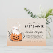 Halloween kat op pompoen Sinaasappel Baby shower Kaart (Staand voorkant)