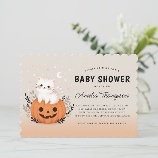Halloween kat op pompoen Sinaasappel Baby shower Kaart (Staand voorkant)