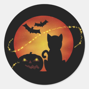 Halloween Kat Pompoen En Vleermuizen Silhouet Scèn Ronde Sticker
