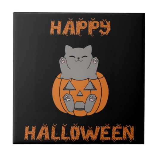 Halloween kat pompoen tegeltje (Voorkant)