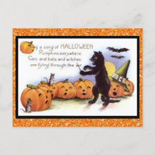 Halloween Kat, Pumpkin Chorus  Glittery Briefkaart