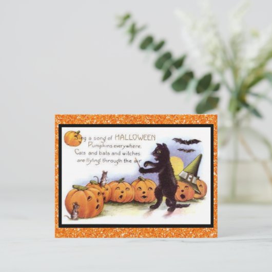 Halloween Kat, Pumpkin Chorus  Glittery Briefkaart (Staand voorkant)