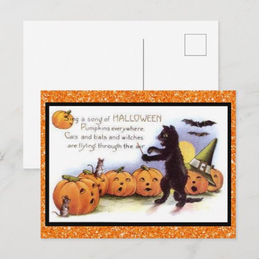 Halloween Kat, Pumpkin Chorus  Glittery Briefkaart (Voorkant / Achterkant)