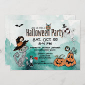 Halloween Kat & Spook Doodle Uitnodiging (Voorkant / Achterkant)