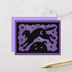 HALLOWEEN KAT SPRINGEN OVER POMPOEN, ZWART & PAARS FEESTDAGENKAART