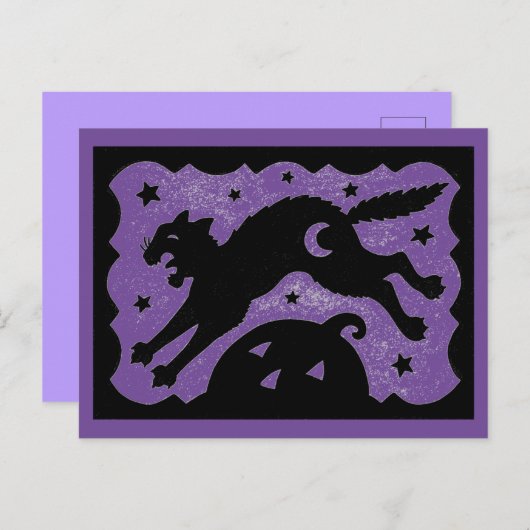 HALLOWEEN KAT SPRINGEN OVER POMPOEN, ZWART & PAARS FEESTDAGENKAART (Voorkant / Achterkant)