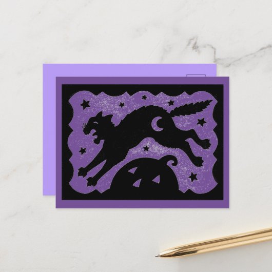HALLOWEEN KAT SPRINGEN OVER POMPOEN, ZWART & PAARS FEESTDAGENKAART (Voorkant / Achterkant in situ)