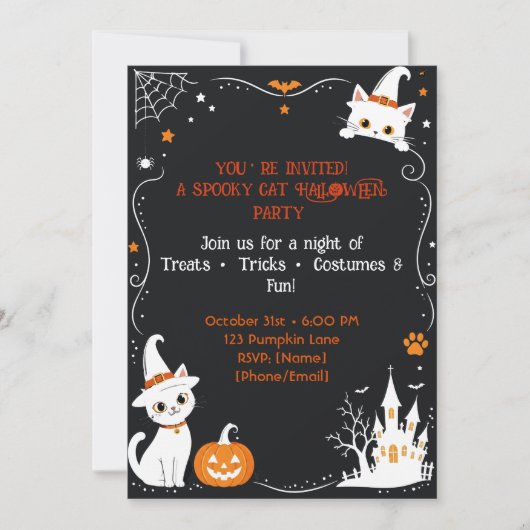 Halloween Kat Uitnodiging Achterkant Ontwerp | Sch (Voorkant)