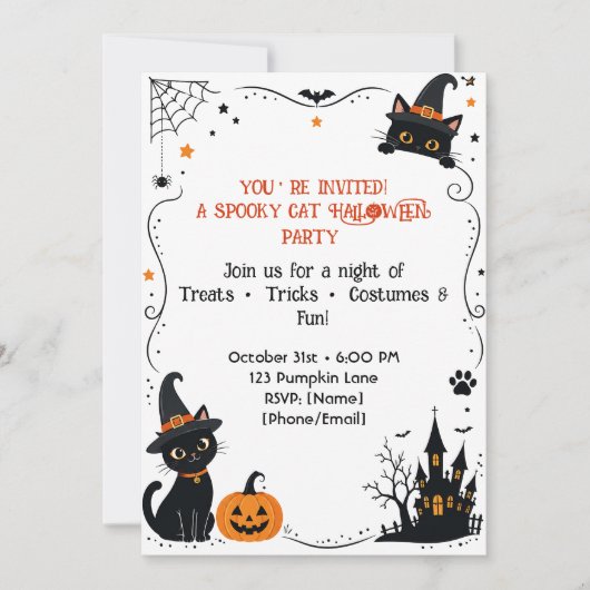 Halloween Kat Uitnodiging Achterkant Ontwerp | Sch (Voorkant)