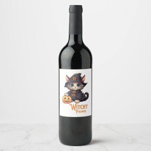 Halloween Kat Witchy Paws Wijn Etiket (Voorkant)