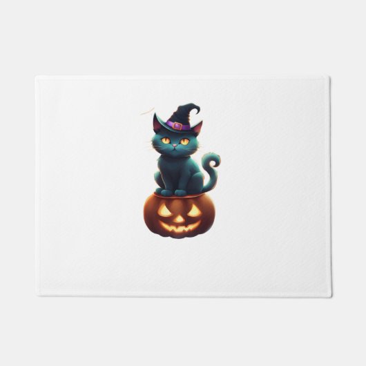 Halloween kat zittend op een pompoen deurmat (Voorkant)