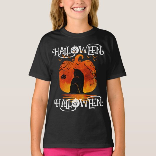 HALLOWEEN KAT ZWART POMPOEN T-SHIRT (Voorkant)