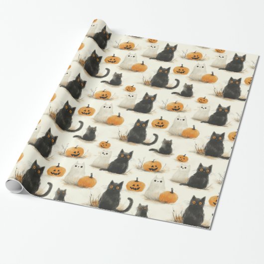 Halloween katten en pompoenen patroon cadeaupapier (Uitgerold)