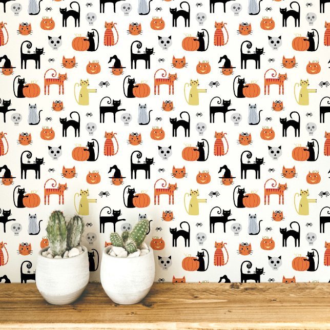 Halloween Katten Patroon Behang (Fun Halloween black and orange cats, pumpkins, witches, zombies and skulls peel and stick wallpaper)