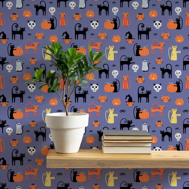 Halloween Katten Patroon Behang (Fun Halloween black and orange cats, pumpkins, witches, zombies and skulls peel and stick wallpaper)