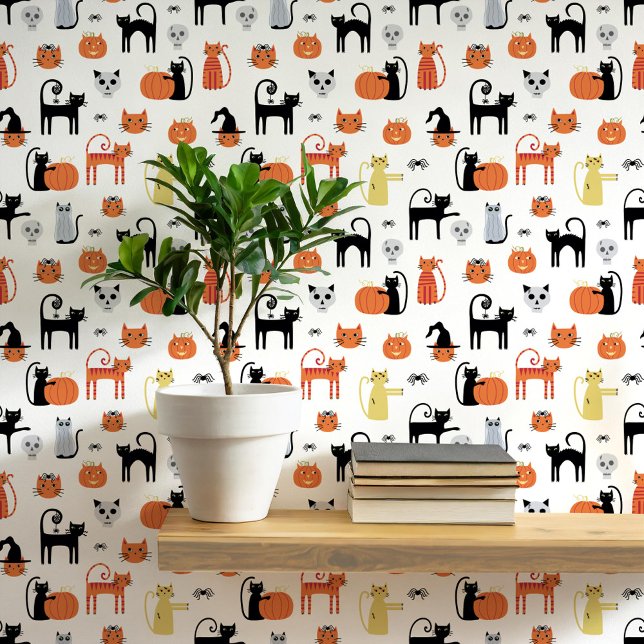 Halloween Katten Patroon Behang (Fun Halloween black and orange cats, pumpkins, witches, zombies and skulls peel and stick wallpaper)
