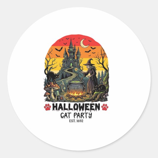 Halloween Kattenfeest Heks Ketel Zwarte Katten Jag Ronde Sticker (Voorkant)