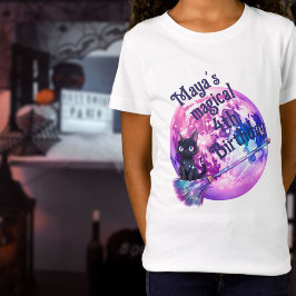 Halloween kattenmaan en bezemroze paarse verjaarda t-shirt