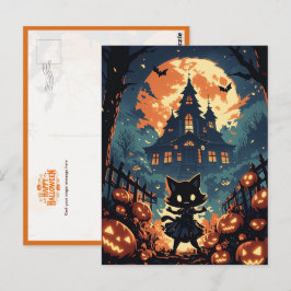 Halloween kattenmeisje bij het spookhuis briefkaart