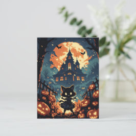 Halloween kattenmeisje bij het spookhuis feestdagenkaart