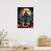 Halloween kattenmeisje bij het spookhuis poster (Keuken)