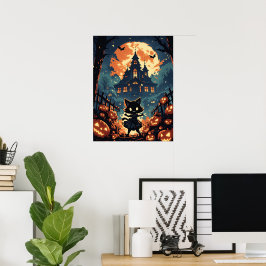 Halloween kattenmeisje bij het spookhuis poster