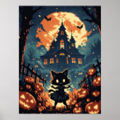 Halloween kattenmeisje bij het spookhuis poster (Voorkant)