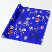 Halloween kattenschedel skelet blauw cadeaupapier (Uitgerold)