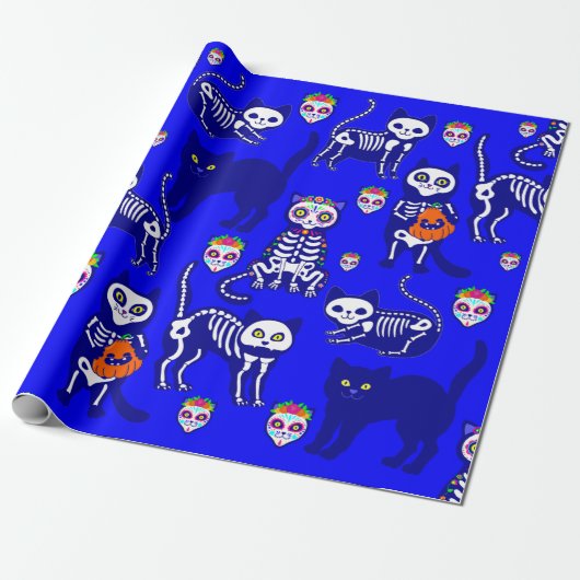 Halloween kattenschedel skelet blauw cadeaupapier (Uitgerold)