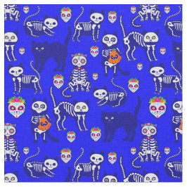 Halloween kattenschedel skelet blauw stof