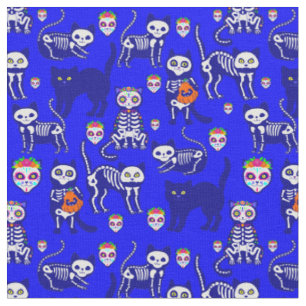 Halloween kattenschedel skelet blauw stof